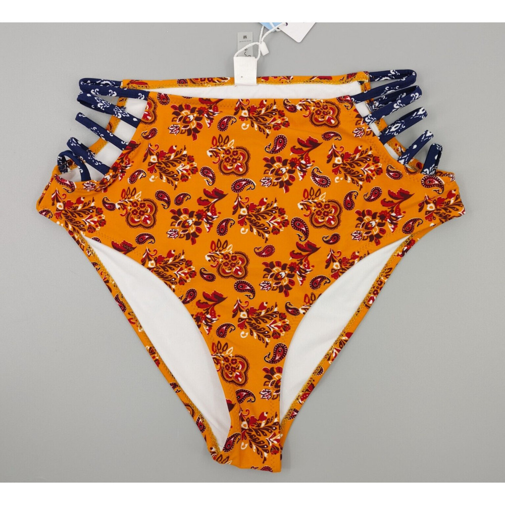 High Waist Bikini Bottom Strappy Sides Orange Paisley Coquette Beach Boho Chic